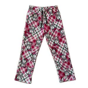 Vintage Happy Bunny Y2K Pajama Pants Pink Plaid Fleece Sleepwear Plush Girls L